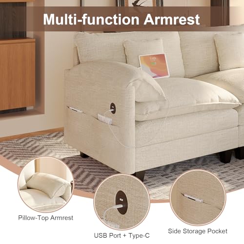 Modular Sectional Sofa, 108” Comfy Cloud Couch with Movable Ottoman | Charging Station | Side Pocket | Throw Pillow, Modern L-Shaped Couches for Living Room, Chenille, Beige - Image 5