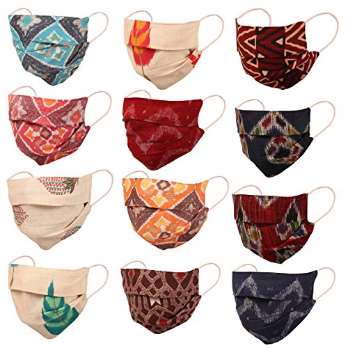 Indian Heritage tessuto dalle maschere Assam Viso lavabili riutilizzabili Handcrafted doppio strato del cotone earloops comodo elastico per le donne pacchetto di 12 Marrone Blu Rosso Bianco