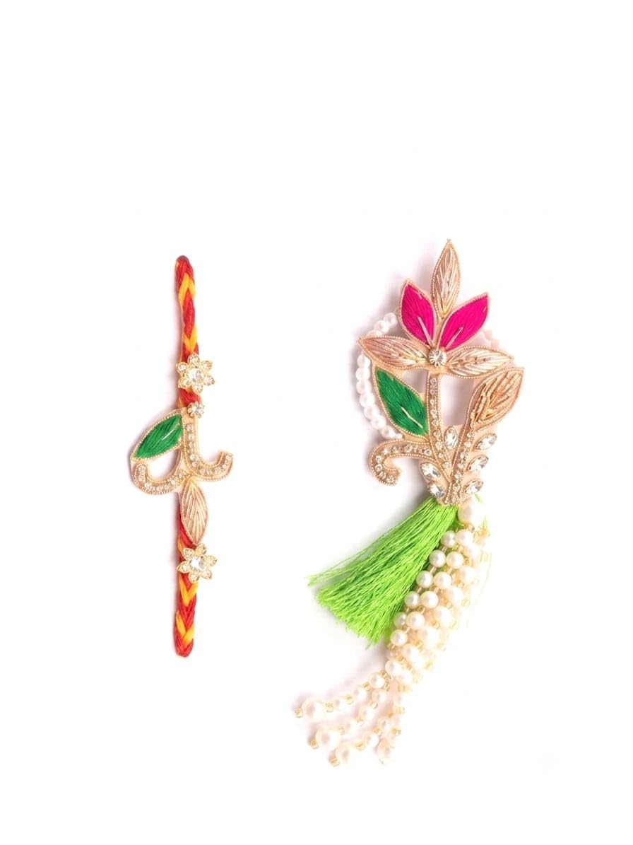 AV Shine Enterprise Premium Bhaiya Bhabhi Rakhi Set - Designer Gold Plated Floral Lumba Set-image-34