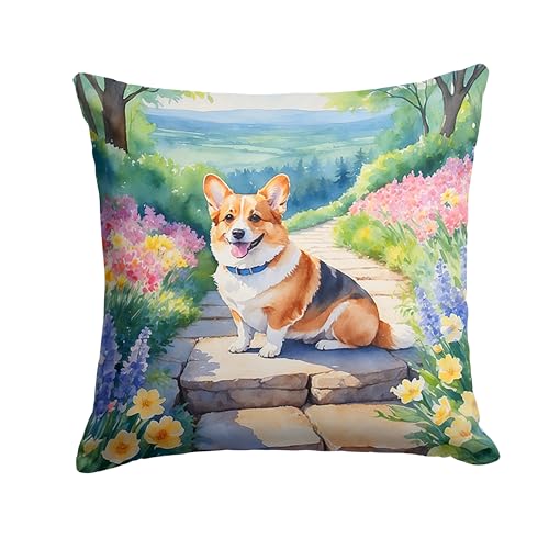 Caroline's Treasures Corgi Spring Path Throw Pillow Machine Washable, Indoor Outdoor Decorative Pillow for Couch, Bed or Patio, 14Hx14W