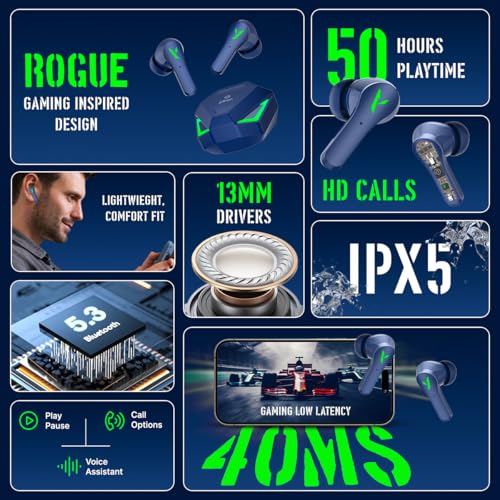 Image of pTron Bassbuds Rogue W / 40Ms Low-Latency Gaming,Clear Calls,50Hrs Playtime,Pristine Sound,V5.3 Bluetooth in Ear Headphones,Snug-Fit,RGB Lights,Touch Control,Voice Assist,IPX5 Water Resistant (Navy)