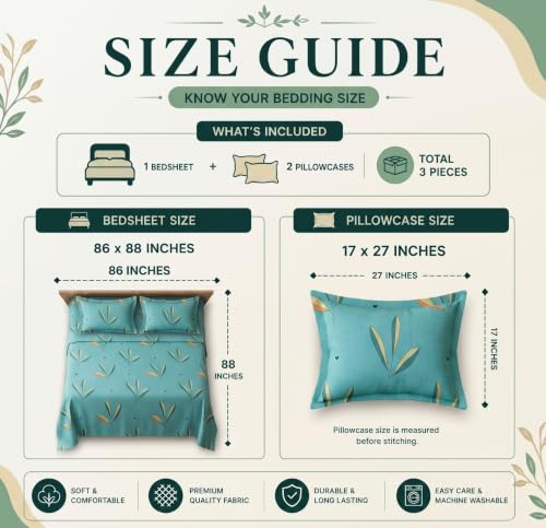 Image of HOMEKART Glace Cotton 160 TC Leaf Printed Double Bedsheet with 2 King Size Pillow Covers | Soft & Durable | 86 x 88Inches (Green)