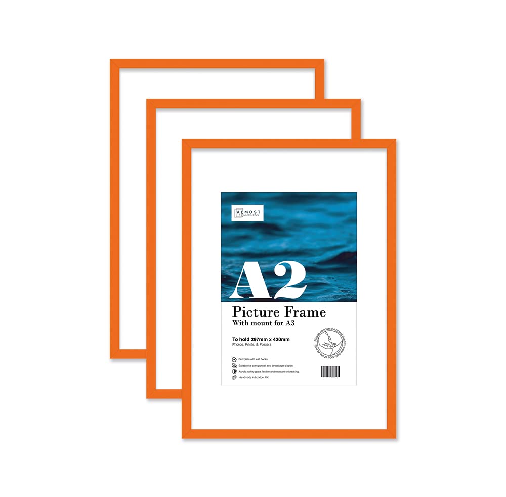 Almost Frameless Orange A2 Picture Frame Set Of 3, Display A3 Pictures With Mount Or A5 Without Mount Gallery Wall, Poster, Photo, Artwork, Or Print,