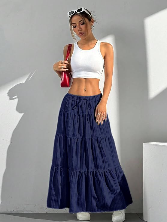 Image of Jawdrobe Women's Georgette Ruffle Hem Long Flared Skirt Lightweight Soft Fabric| High-Waisted Ruffled Maxi Plain and Pleated Skirt