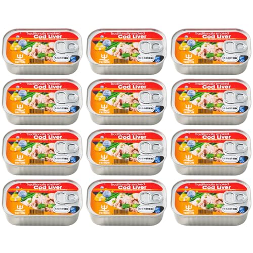 タラレバー 燻製 オイル漬け 缶詰 120g 12缶 セット 鱈 たら 肝 肝燻製 レバー パテ おつまみ 肴 アテ 酒のつまみ 酒のアテ 珍味 MSC認証取得 非常食 保存食 TRITON Traditionally smoked Cod Liver in Oil, MSC certified 120g × 12-can setの商品画像（Amazon）