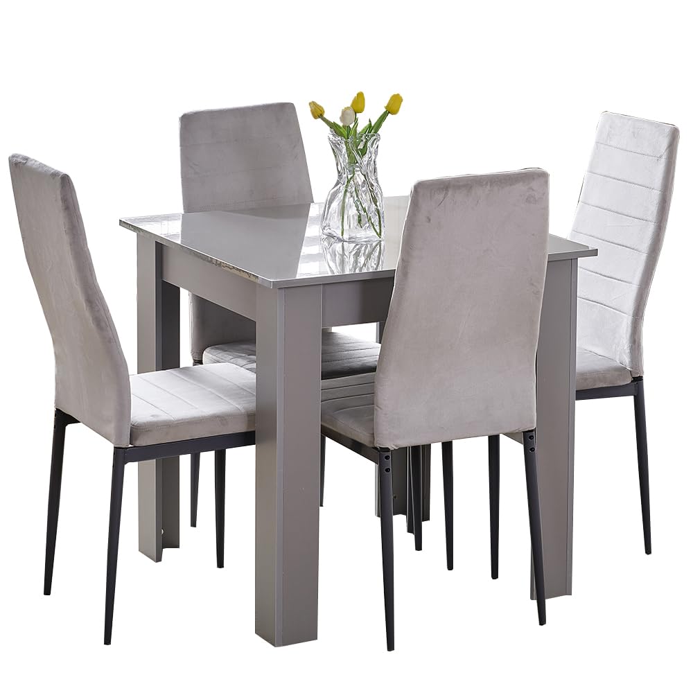 Rainbow Tree Modern 5 Piece Dining Room Table and Chairs Set, Wooden Square Table with 4 Chairs for Small Space Apartment Space Saving (Grey Table+4 Grey Velvet Chair) — image 1
