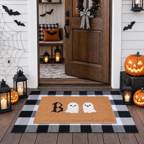 Halloween Door Mat Combo Set, Boo Ghost Coco Coir Welcome Doormat + 28' x 43' Black and White Plaid Rug, Autumn Halloween Front Porch Entryway Decor Floor Mat