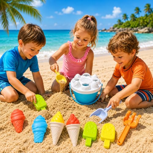 Image of WISHKEY Beach Toys for Kids 10 Pcs Ice Cream Beach Set, Sand Bucket & Molds with Shovel, Rake & Scoop, ABS Plastic Sand Toy Set for Boys & Girls, Beach, Sandbox & Outdoor Play, 18+ Months