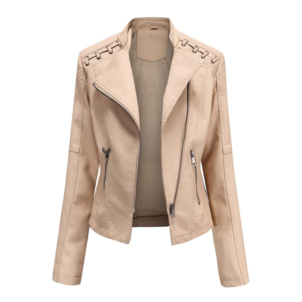 YOJOLO Women's Leather Jacket Faux Leather Moto Jacket Slim Zip-Up Biker Jacket Spring Autumn Leather Coat Outwear,khaki,L
