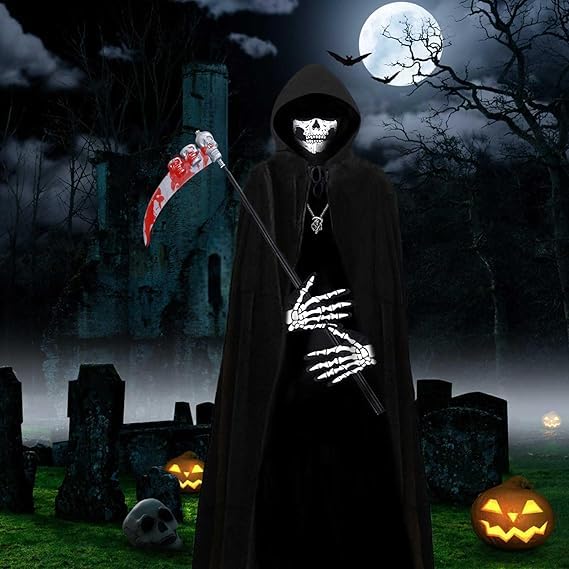 ATOWORLD Halloween Grim Reaper Costume Kids Boys 8-9 10-12 13-14 Skeleton Costume Kids Girls Grim Reaper Cloak Halloween Scythe Grim Reaper Cape Scream Mask Gloves Grim Reaper Outfit Skeleton (100CM) - Image 3