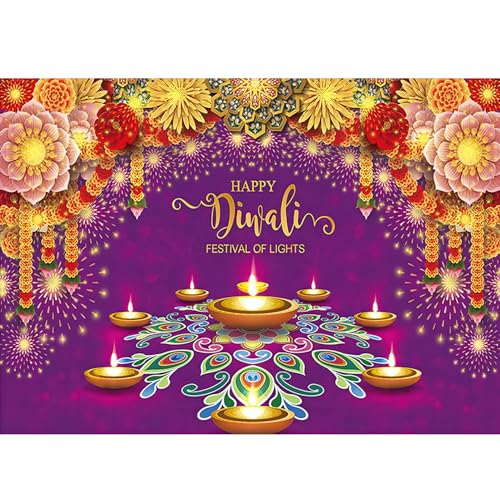 Image of 7x5ft Diwali Backdrop Fabric Purple Happy Diwali Festival of Lights Photography Background Extra Large Banner Room Decor