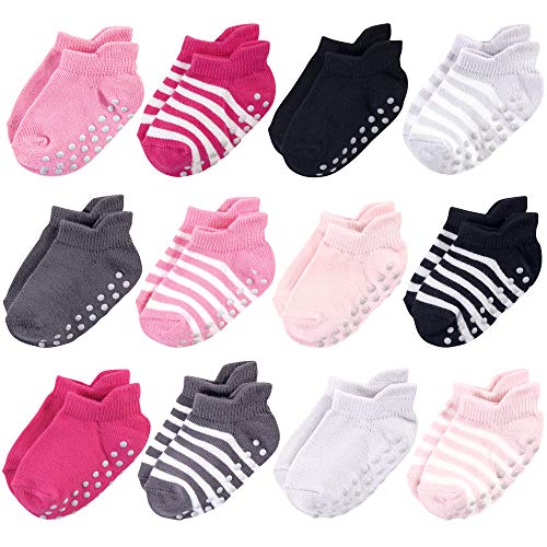 Touched by Nature Baby Organic Cotton Socks with Non-Skid Gripper for Fall Resistance, Pink Black, 12-24 Months