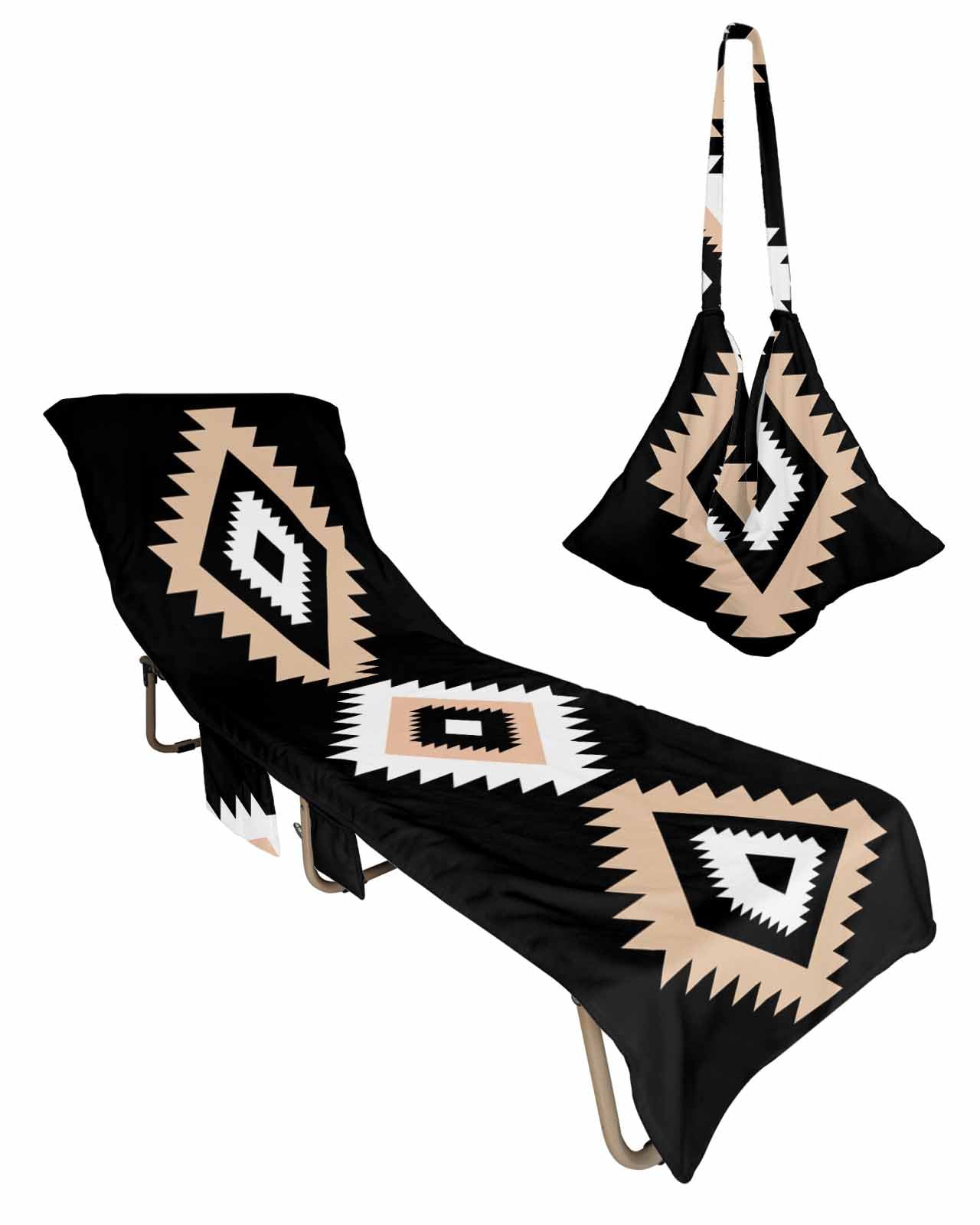Beach Pool Patio Lounge Chaise Chair Cover Towel with Pockets, Black Aztec Absorbent & Quick Dry Microfiber Towel Cover Bag Summer Travel Accessories for Sunbathing Geometric Geometric Boho Moroccan