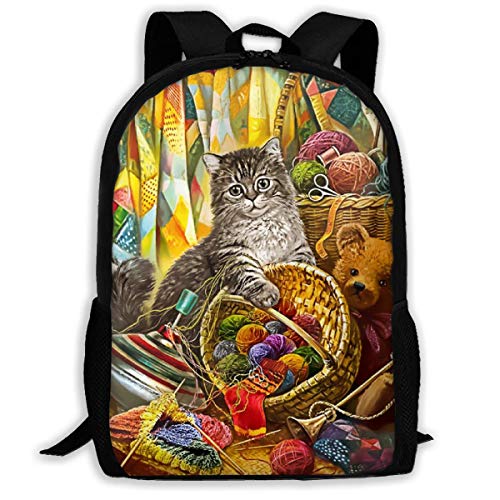 Wobuzhidaoshamingzi Mochila Escolar Gato Divertido con Bola de Hilo de Colores