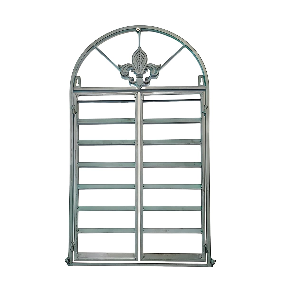Rustikale Deko-Fenster mit Bogen zum Öffnen Sprossen-Fenster auf Platte Scheunenfenster Fensterrahmen Fensterladen Fenster Attrappe Metall Eisen Wanddekor für Gartendeko (Antik Grün)