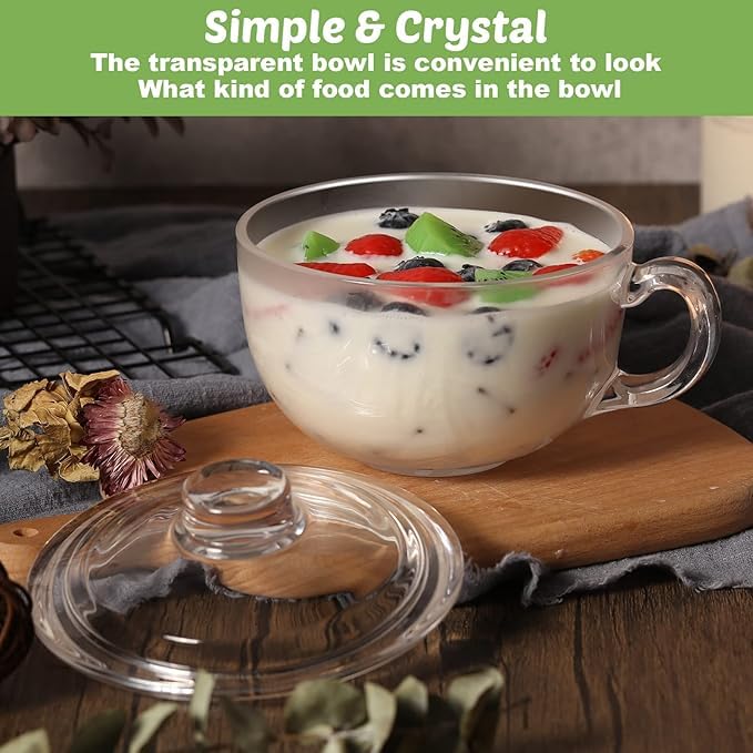 Image of PrimeWorld 2 Pcs Glass Ramen Bowl with Lid and Handle, Microwave Safe Soup Bowl Mixing Pot Transparent Cooking Cereal Bowls Breakfast Bowls for Noodles Soup Cereals Fruits(600 ml / 20 oz)