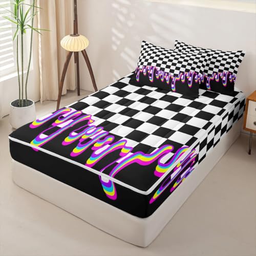Image of Black Purple Checkered Zipper Bedding Queen Checkerboard Drip Zip Up Bedding Set,Y2K Aesthetic Modern Geometric Bed in a Bag Comforter with Fitted Sheet and 2 Pillowcases Retro 2000S Room Decor