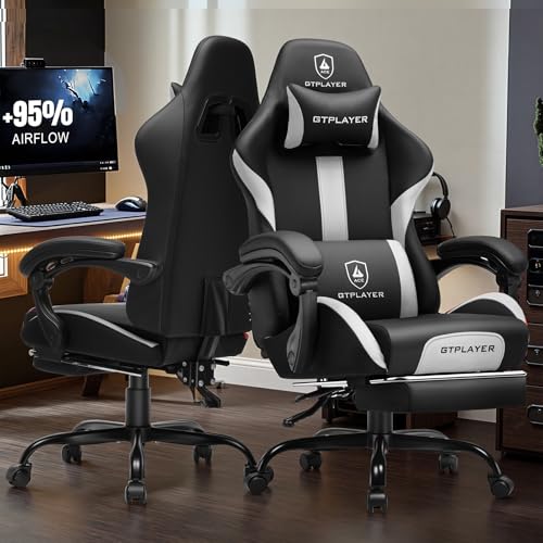 GTRACING Gaming Chair with Foot Rest & Pocket Spring Cushion, Ergonomic High Back Computer Chair with Headrest & 360°-Swivel Seat for Home Office Desk, PU Leather, White/Black