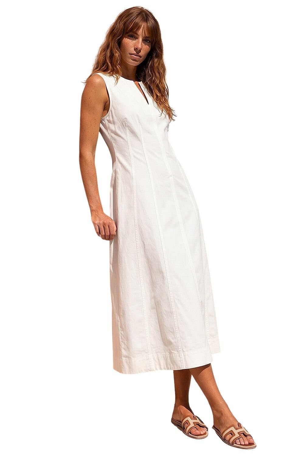 Roman Originals Women's White Denim Dress For Uk - Jean Tunic Shift Cotton Panneled Midi A-Line Linen Smock Casual Knee Length Sleeveless Summer Straight Dresses - Size 18