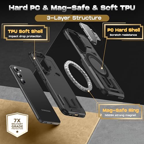 FNDMIL for Samsung Galaxy S23 Case[Built-in Camera Cover Kickstand][Compatible with MagSafe][Military Drop Protection][Dual Layer Design] Heavy Duty Rugged Shockproof for S23 Case,Midnight Black by FNDMIL - Image 2