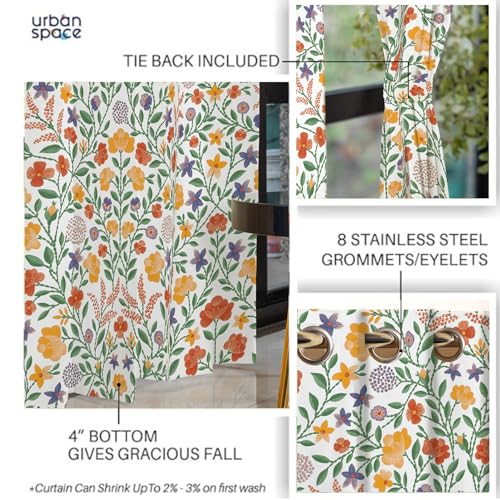 Image of Urban Space 100% Cotton Floral Curtains 8 Feet Long Set Of 2, 60-65% Room Darkening, Decorative Curtains With Eyelets /Rings For Hanging, Tieback Included (Vasant, Long Door - 8 Feet), White