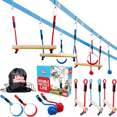 Double Ninja Slackline Obstacle Course for Kids - 80 Foot Line - Monkey Bars Playground Equipment - Ninja Warrior Course with Monkey Bars for Kids - Ninja Ropes Course - Patented Double Line Design