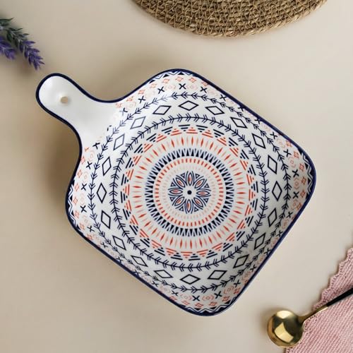 Image of The Earth Store Mandala Ceramic Platter with Handle for Serving Set of 1 | Microwave & Dishwasher Safe Platter for Dessert, Snacks, Starter, Fruits, Salad, Sweets & Appetizers