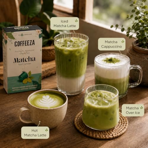 Image of Coffeeza Matcha Green Tea Capsules | 100% Pure Japanese Matcha in Aluminium pods | Compatible with Coffee Machines-Pack of 1 (Box of 10 Capsules)