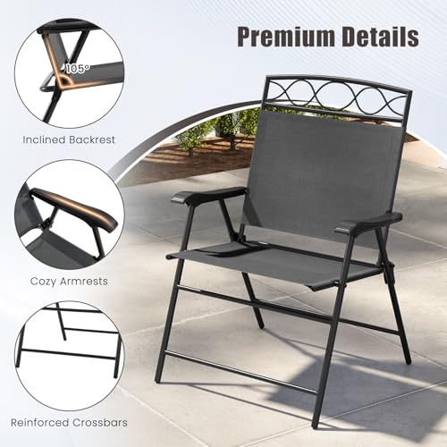 Image of Giantex Set of 4 Patio Folding Chairs, Outdoor Dining Chairs for Camping, Beach, Backyard, Deck, Portable Dining Chair w /Armrest and Metal Frame, Gray