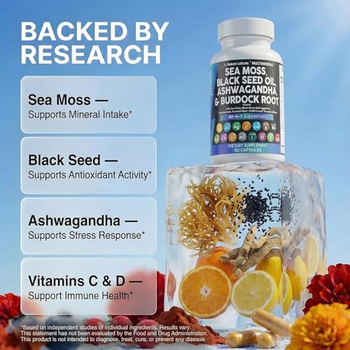 Clean Nutraceuticals Sea Moss Black Seed Oil Ashwagandha Turmeric Bladderwrack Burdock & Vitamin C Vitamin D3 with Elderberry Manuka Dandelion Yellow Dock Iodine Chlorophyll ACV - Image 4