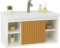 Conjunto Gabinete Cuba E Espelheira Para Banheiro Completo Com Nichos Porta Espelho (Branco/Ripado)