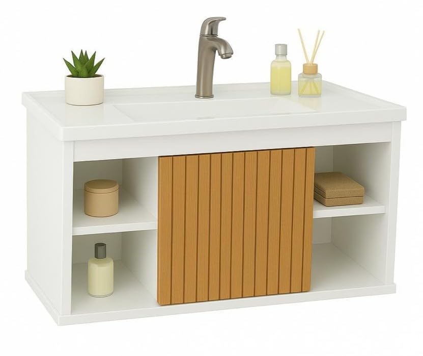 Conjunto Gabinete Cuba E Espelheira Para Banheiro Completo Com Nichos Porta Espelho (Branco/Ripado)
