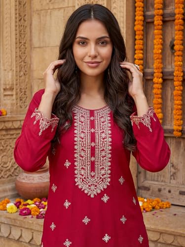 Image of INDO ERA Women's Silk Blend Embroidered Zari Work Kurta & Pant with Dupatta Set
