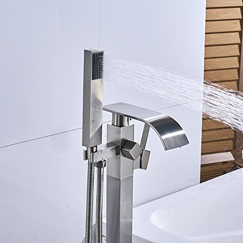 Senlesen Stainless Steel Barthroom Tub Filler Faucet Floor Mounted Bathtub Shower Faucet Waterfall Spout Free Standing Tub Mixer Tap with Handheld Sprayer - Thumbnail 2