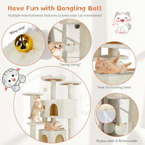 Image of Sweetcrispy 54 Inch Cats Tree Tower, Multi-Level with Scratching Post, Indoor Cat Tree Condo with Climbing Ladder, Plush Toy, Play House for Kittens, Beige