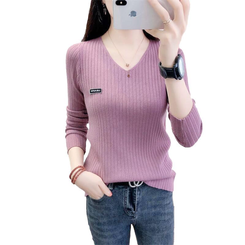 icw Women Knitted Ribbed V-Neck Long-Sleeves Pull Over Sweater Top T-Shirt Dn76-picture-10
