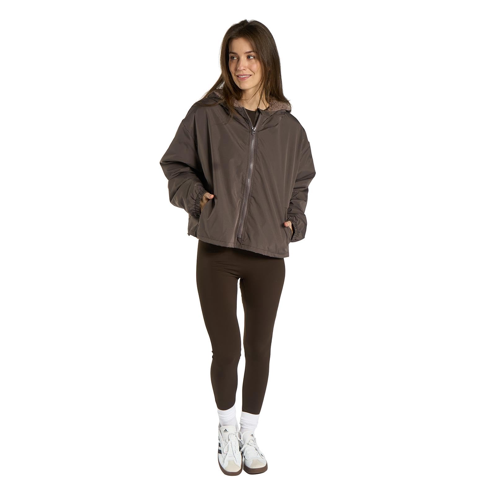 Ohs Women's Brown Rain Coats For Cropped Waterproof Jacket Fleece Lining Dry Robes Adult With Hood & Pockets Cropped Coat Lightweight Changing Robe For Outdoor Activities, - L/Xl