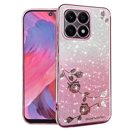 Coque Honor X8a antichoc silicone souple paillettes roses et fleurs