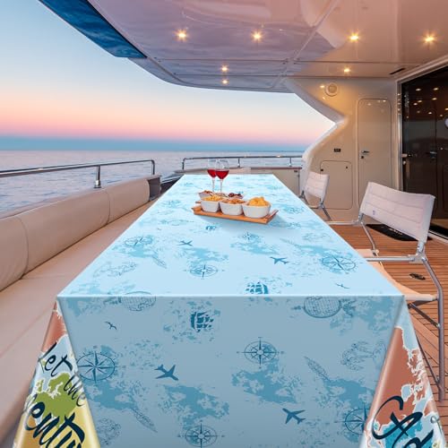 Image of Frienda 3 Pcs Adventure Awaits Tablecloth Travel Party Decorations Bon Voyage World Map Table Cloth Plastic Disposable Table Cover for Baby Shower Birthday Party Supplies, 108 x 54 Inch (Blue)