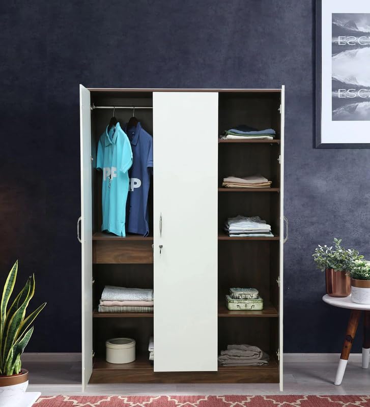 Image of Mintwud Pepperfry Engineered Wood Wardrobe with 3 Doors Storage | Wooden Almirah for Living Room Bedroom Furniture | Storage Organizer Cabinet Cupboard for Clothes (Ivory, Wenge Finish)