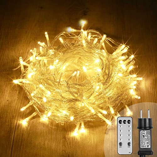 Guirnalda luminosa de 34 m, interior y exterior, 300 ledes, color blanco cálido, guirnalda luminosa de abeto cable transparente con 8 modos y mando a distancia, incluido temporizador para Navidad