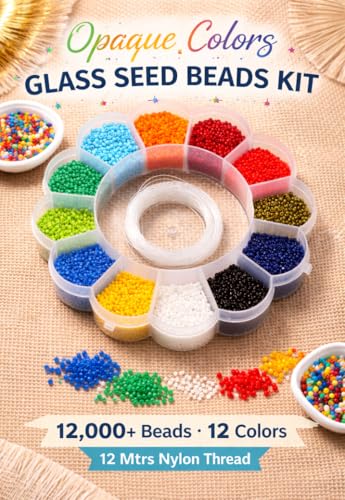 Image of Beadsnfashion Opaque Colors Glass Seed Beads Kit for Girls and Kids- Size 11 /0 (2mm) - Includes 12 Mtrs Nylon Thread for Jewellery Making, Beading, Embroidery, Art & Craft Projects