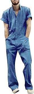 Mens Overalls Short Sleeve Zip Front One Piece Work Wear Coveralls Flight Suit Rompers Jumpsuit with Pockets