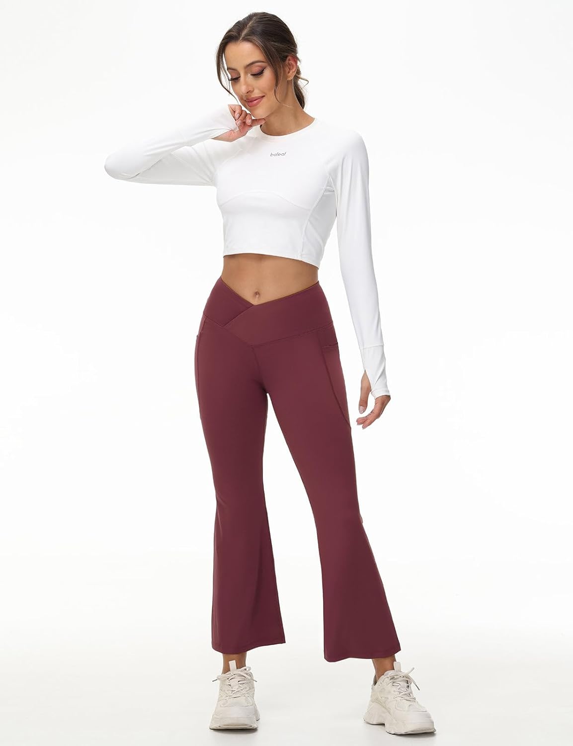 baleaf Women's Petite Flare Leggings Tummy Control Crossover High Waisted Yoga Pants with Pockets Work Casual 27"