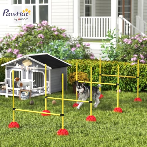PawHut Agility Set Hunde, 4-teiliges Agility Ausrüstung mit höhenverstellbar Hürden Tragetasche Trainingszubehör, befüllbar Steckhürdenset für Hundetraining, Trainingsset für Hunde