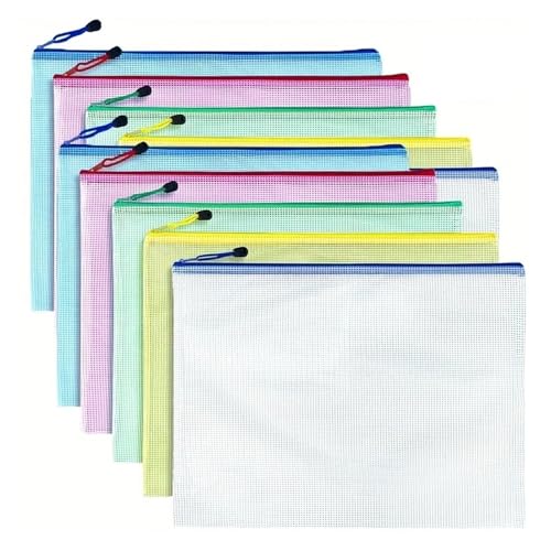 Cartera de Malla para Documentos, Bolsa de malla con cremallera, 10 unidades, bolsa de malla con cremallera A3, 10 colores, bolsa de plástico for archivos for organizar útiles escolares y de oficina(C