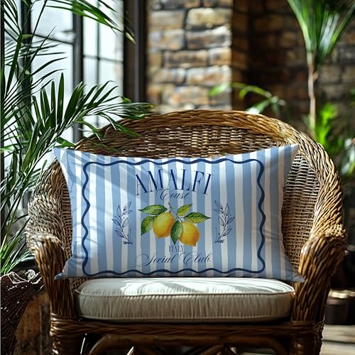 Image of Amalfi Blue and Yellow Summer Italian Mediterranean Amalfi Coast Lemon Pillow Cover Decor 12x20,Italian Striped Decorative Throw Pillow Cover Decor for Couch Double-Sided Set of 2
