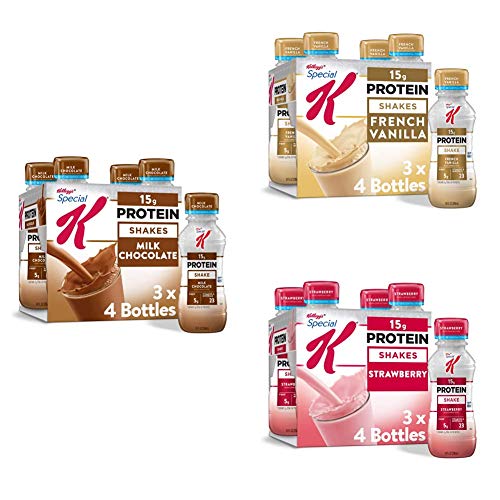 Kellogg's Special K Protein Shake Bulk Pack, Milk Chocolate Shake (12 Bottles), French Vanilla Shake (12 Bottles and Gluten-Free Strawberry (12 Bottles)
