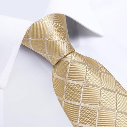 Image of DiBanGu Mens Silk Plaid Tie and Pocket Square Set | Elegant Silk Formal Tie Set, Woven Check Necktie and Cufflinks Tie Clip Set, Perfect for Wedding Party, Comes in Gift Box