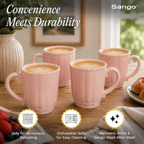 Image of SANGO Bethany Pink Mugs Set of 4, 15 oz Stoneware Pink Coffee Mugs, Vibrant Ceramic Drinkware for Coffee, Tea or Cocoa, Durable Everyday Cups, Dishwasher & Microwave Safe, Kitchen Mug Set